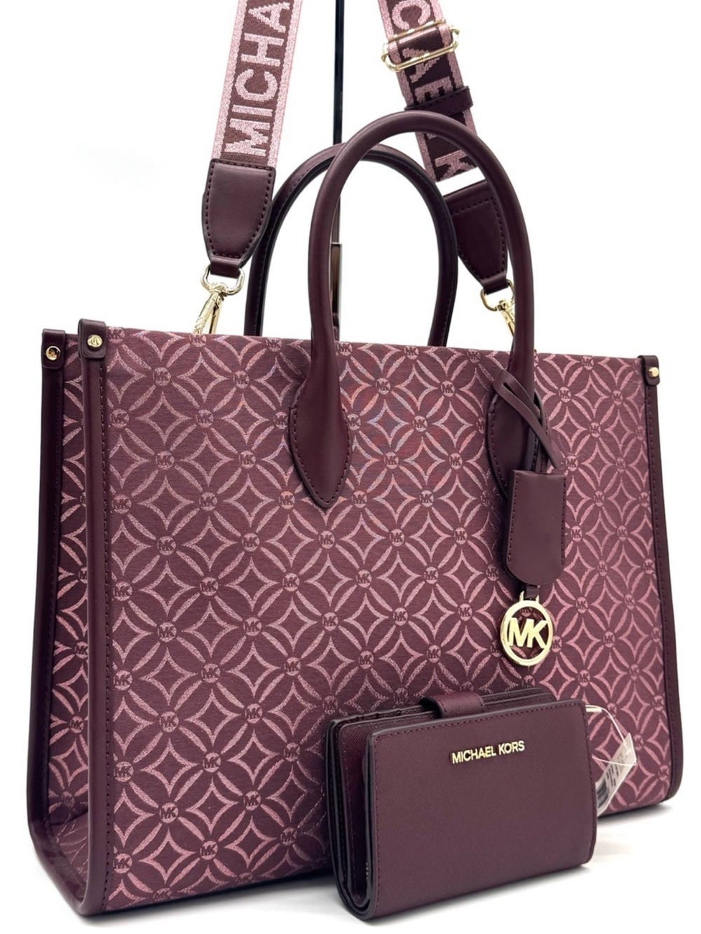 Michael Kors Medium Mirella Tote Bag & Matching Bifold Zip Chain Wallet Ox Blood